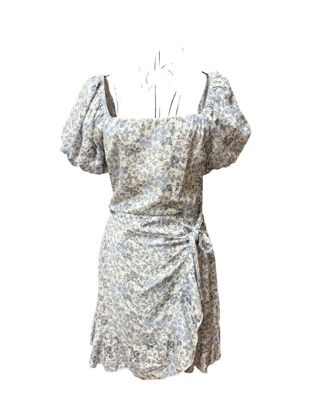 Trixxi Cream and Light Blue Puff-Sleeve Wrap Floral Mini Dress Small